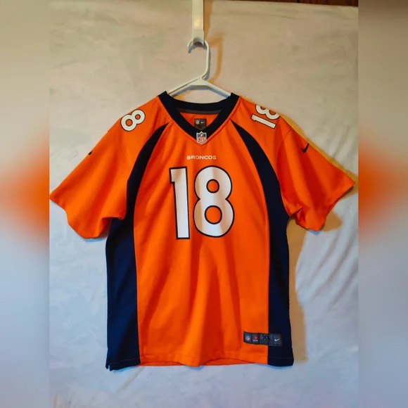 Denver Broncos 18 Nike Men's Vibrant Orange and Dark Blue Jersey - Picture 1 of 3